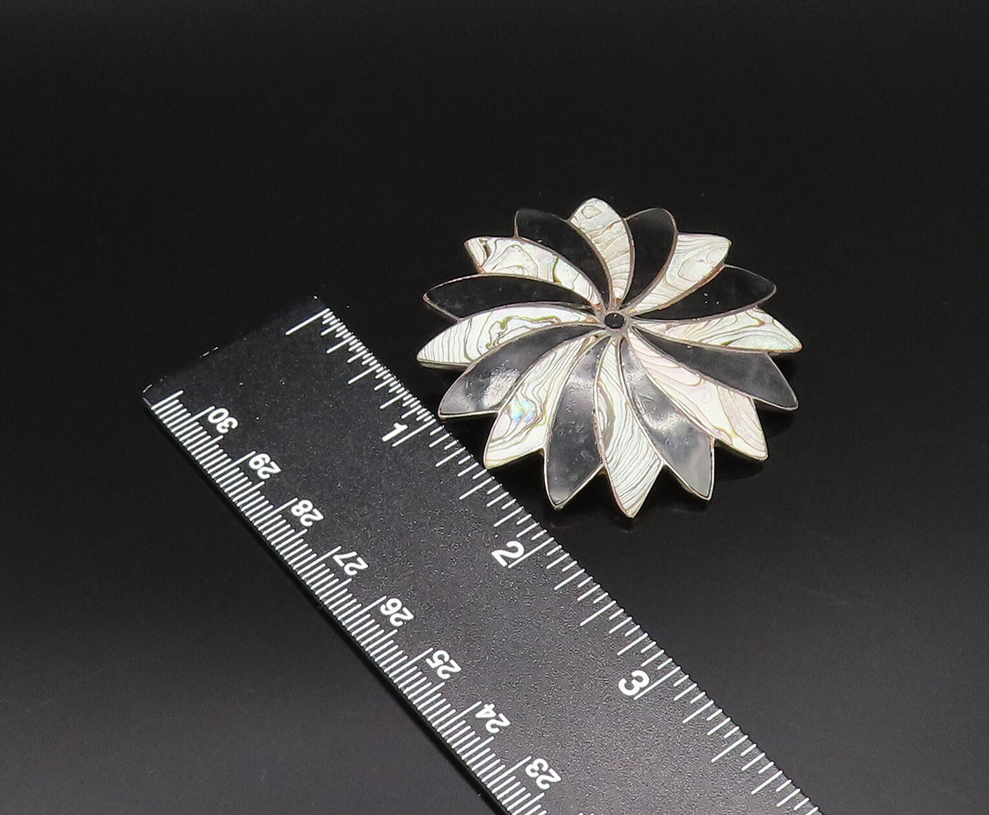 MEXICO 925 Silver  Vintage Black Onyx & Abalone Fidget Dome Brooch Pin  BP9993