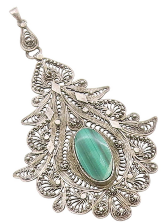 925 Sterling Silver Vintage Pendant Oval Malachite Large Floral Filigree PT25845