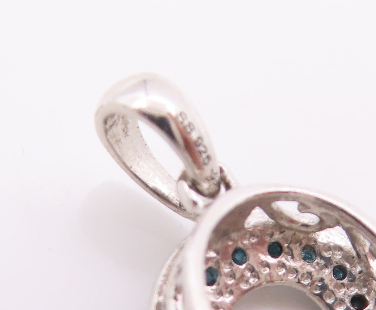 925 Sterling Silver Vintage Pendant Genuine Blue & White Diamonds Heart  PT25825