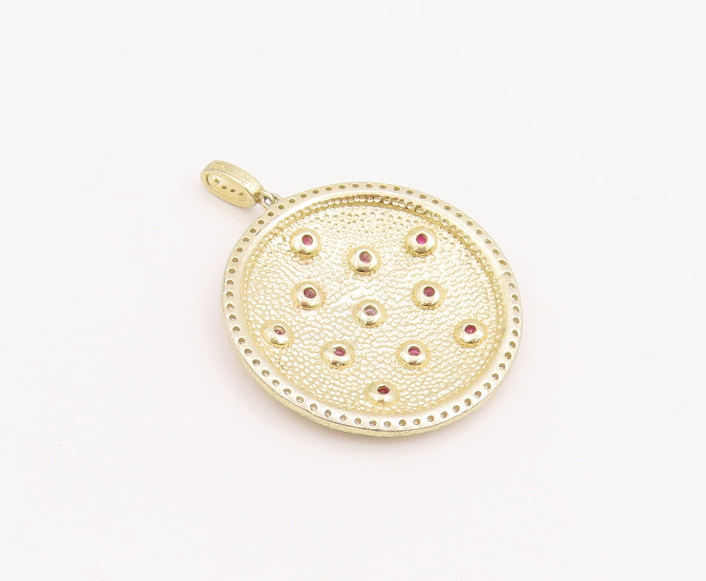 925 Sterling Silver Vintage Pendant Round Dented 2 Tone Gemstone Inlay PT22850