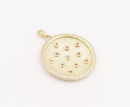 925 Sterling Silver Vintage Pendant Round Dented 2 Tone Gemstone Inlay PT22850
