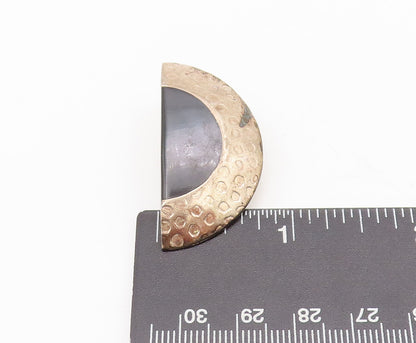 MEXICO 925 Sterling Silver  Vintage Hammered Semicircle Onyx Earrings  EG12734