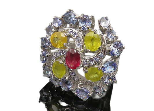 925 Sterling Silver Multi Color Topaz Floral Cocktail Ring Sz 9 RG10521