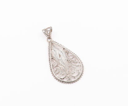 925 Silver  Vintage Beaded Leaf Vine Swirl Pear Shape Dome Pendant  PT20481