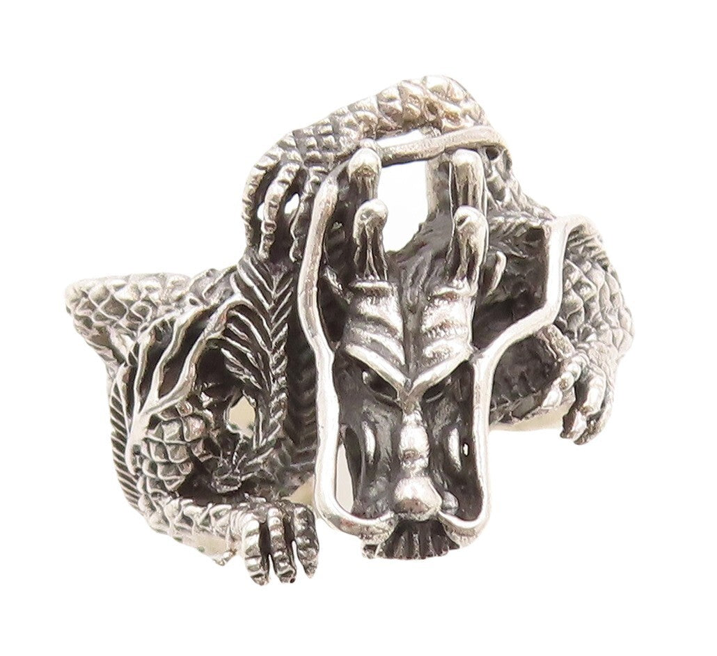 925 Sterling Silver Vintage Ring Dark Tone Wrap Around Dragon  Sz 13.5  RG31307