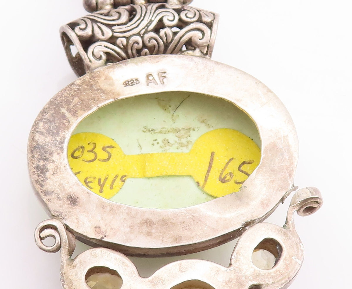 925 Sterling Silver Vintage Pendant Heavy Floral Large Gemstones   PT23351