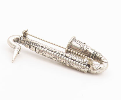 925 Sterling Silver Vintage Brooch 3D Carved Heavy Saxophone   BP11694