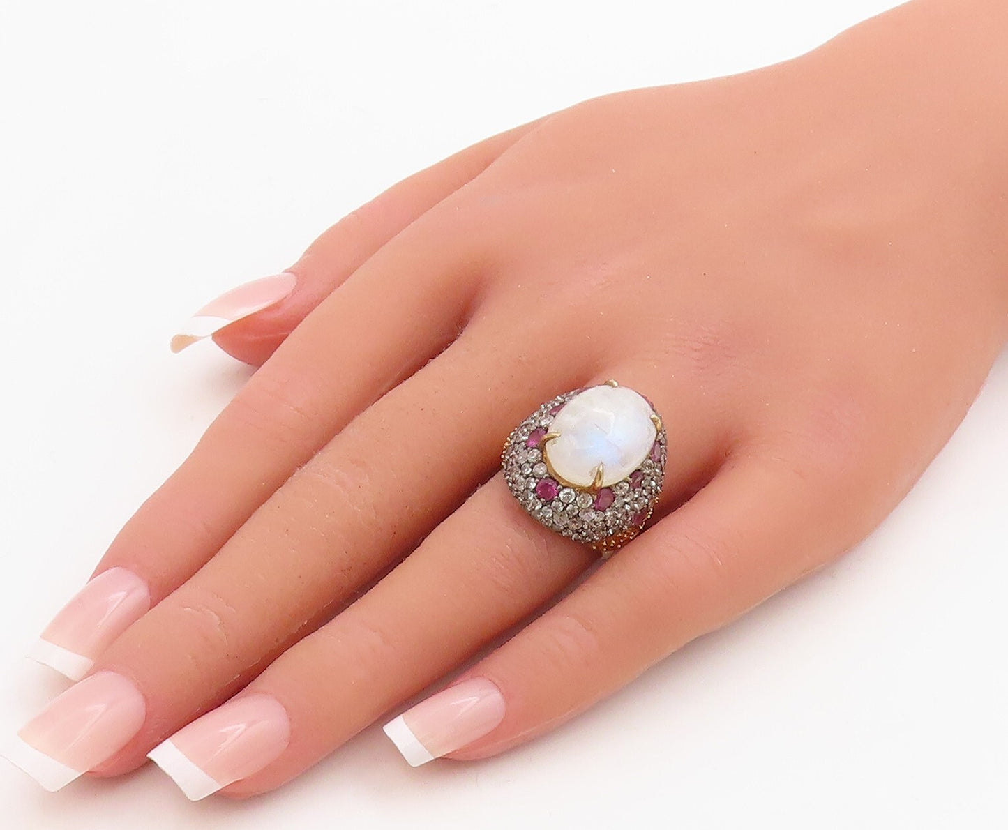 925 Sterling Silver Vintage Ring Gold Plated Moonstone & Pink CZ Sz 6.5 RG30964