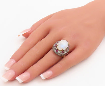 925 Sterling Silver Vintage Ring Gold Plated Moonstone & Pink CZ Sz 6.5 RG30964