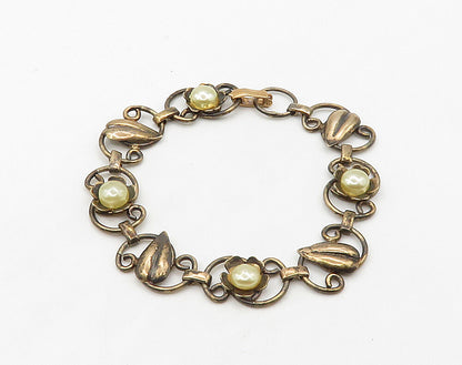 925 Sterling Silver  Vintage Freshwater Pearls Floral Chain Bracelet  BT6362