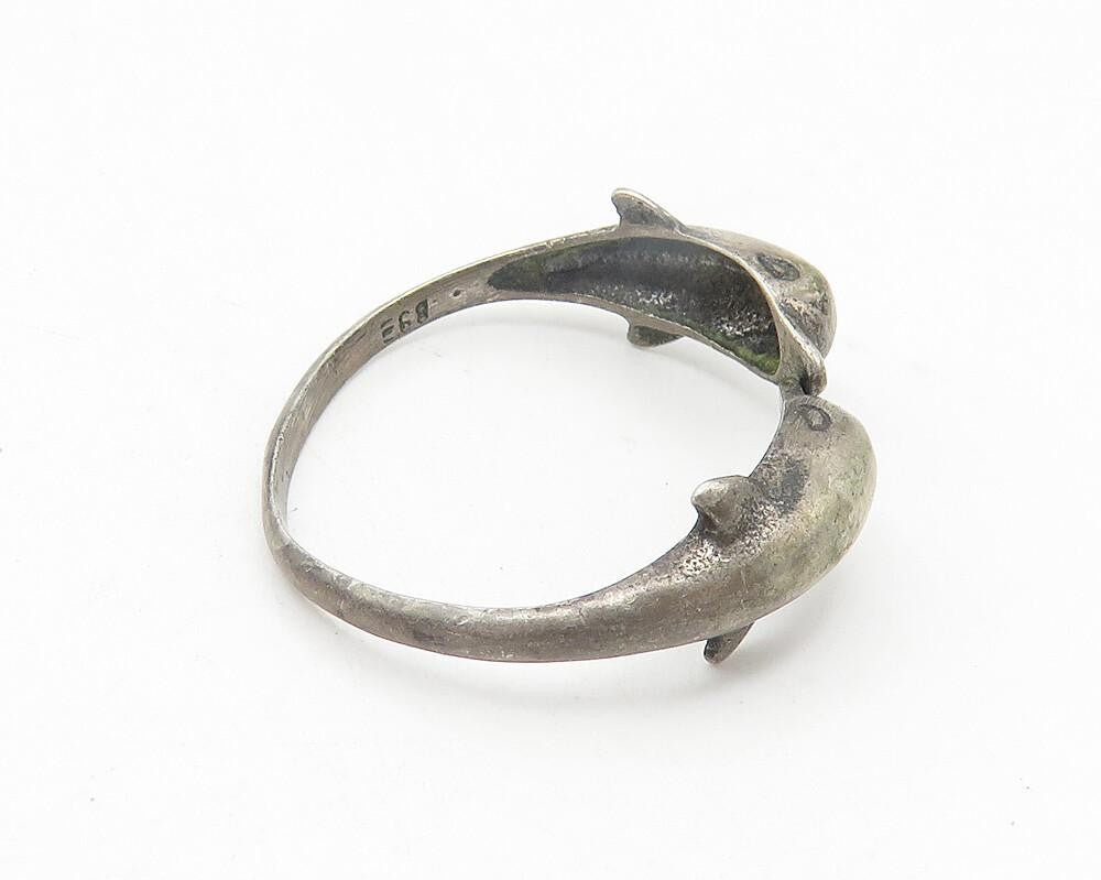 925 Sterling Silver  Vintage Dark Tone Double Dolphin Band Ring Sz 8  RG10908