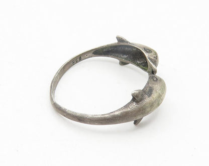 925 Sterling Silver  Vintage Dark Tone Double Dolphin Band Ring Sz 8  RG10908