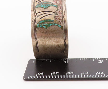 925 Sterling Silver Vintage Bracelet NAVAJO ZUNI Crushed Turquoise Cuff  BT11087