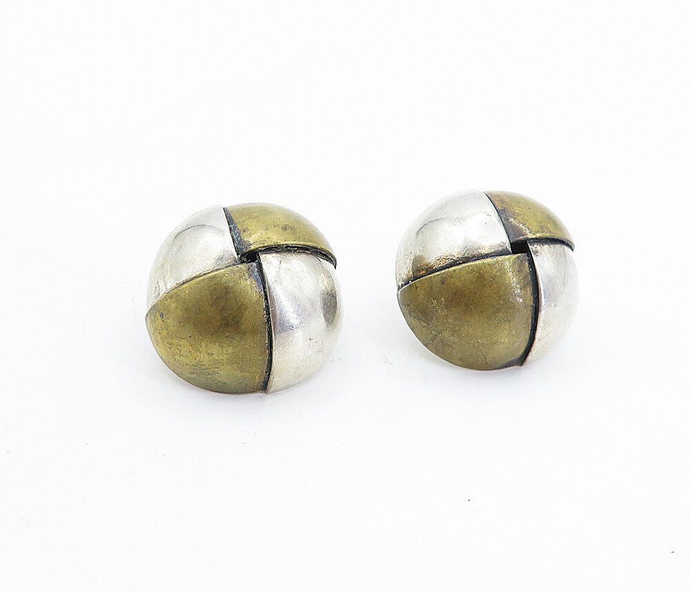 MEXICO 925 Sterling Silver Vintage Two Tone Dome Button Drop Earrings EG2883