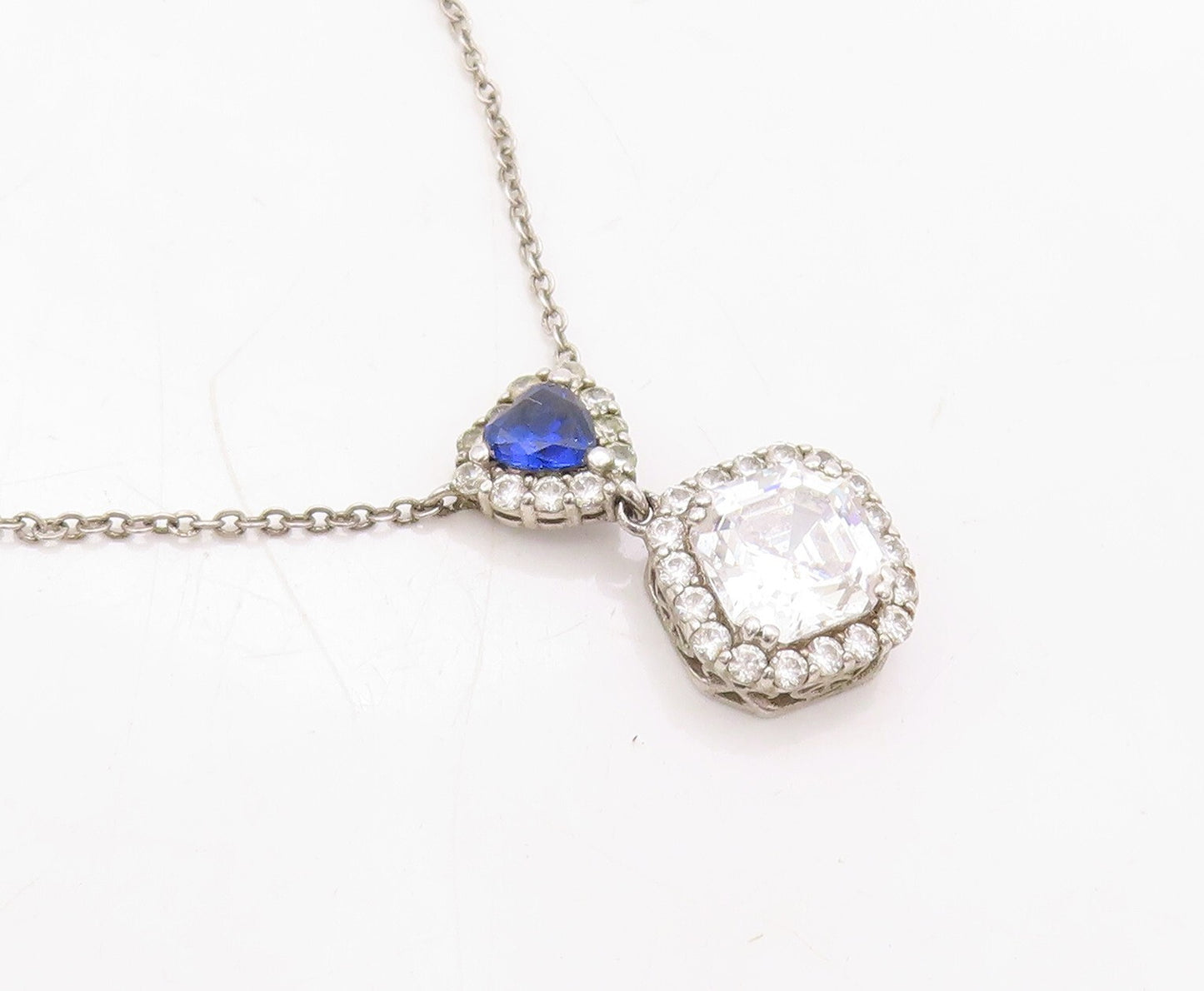 925 Sterling Silver Vintage Necklace Square Topaz & Triangle Sapphire  NE4378