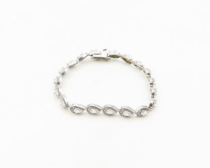 925 Sterling Silver  Shiny Cubic Zirconia Tear Drop Chain Bracelet  BT7551