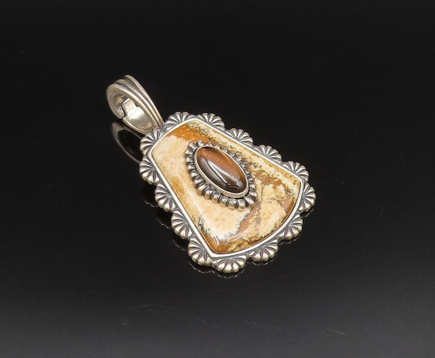 CAROLYN POLLACK 925 Silver  Vintage Tiger's Eye & Jasper Drop Pendant  PT21674