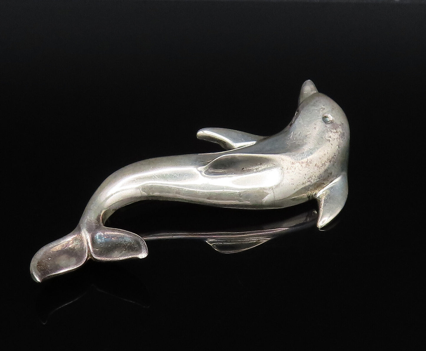 MEXICO 925 Silver  Vintage Carved Dolphin Sea Animal Brooch Pin  BP10035
