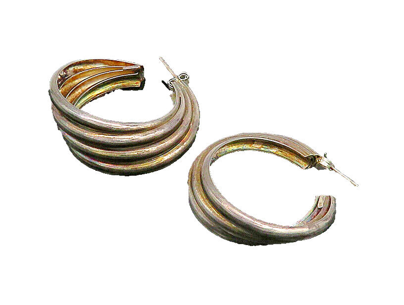 925 Sterling Silver  Vintage Dark Tone Fluted Round Hoop Earrings  EG10377