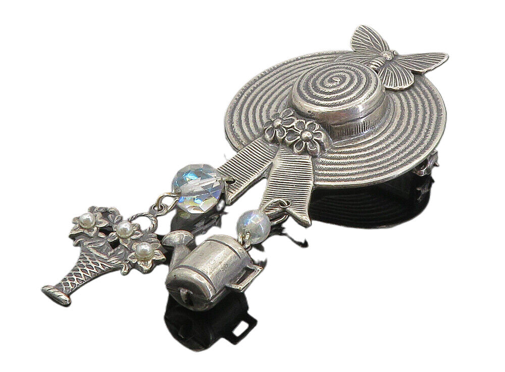 925 Silver  Vintage Rainbow Quartz & Petite Pearls Hat Brooch Pin  BP3226