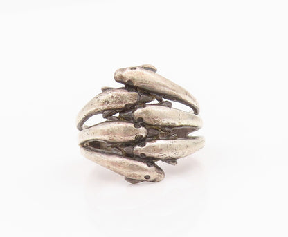 925 Sterling Silver Vintage Ring Dark Tone Bypass Diving Dolphins  Sz 9  RG33057