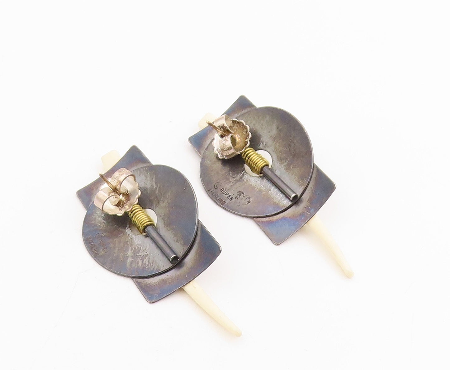 14k Gold & 925 Sterling Silver Vintage Earrings ROPER Tribal Shields  EG13984