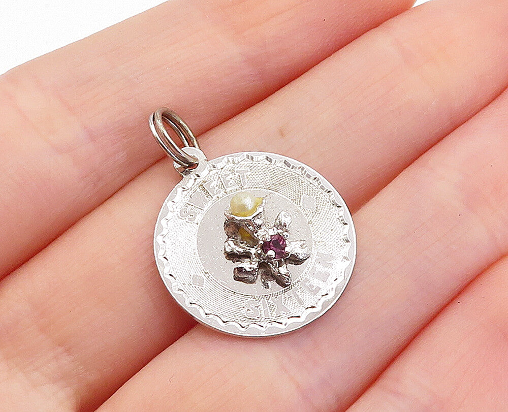 925 Sterling Silver  Petite Pearl & Topaz Shiny Sweet Sixteen Pendant  PT3805