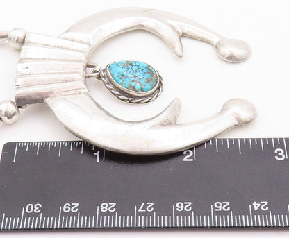 925 Sterling Silver Vintage Necklace NAVAJO ZUNI Large Carved Turquoise  NE4366