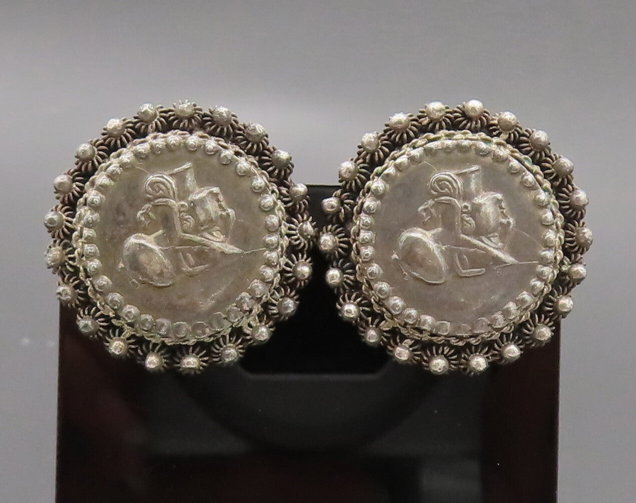 925 Sterling Silver  Vintage Carved Female Face Beaded Round  Earrings EG12556