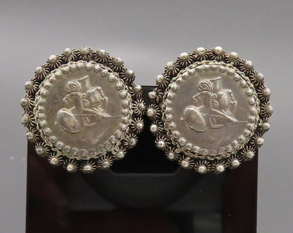 925 Sterling Silver  Vintage Carved Female Face Beaded Round  Earrings EG12556