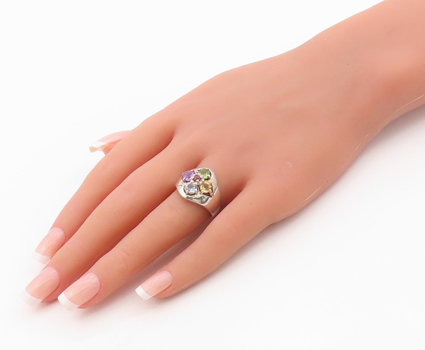 925 Sterling Silver Vintage Ring Multi Gemstone Floral Cluster  Sz 8  RG36392