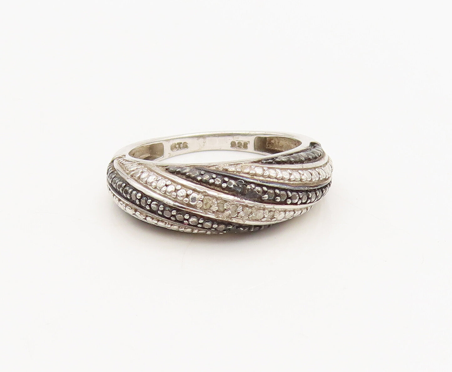 925 Silver  Vintage Alternate Black & White Diamonds Band Ring Sz 8  RG26965