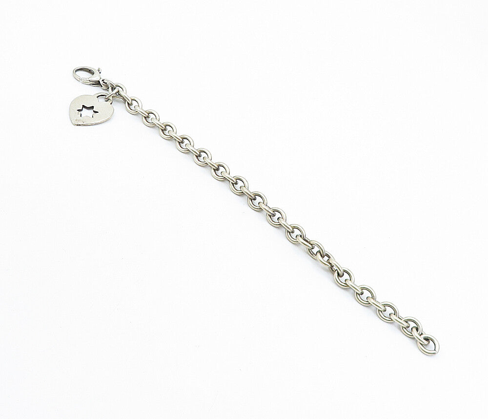 925 Sterling Silver  Vintage Star Cutout Heart Charmed Chain Bracelet  BT2857
