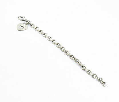 925 Sterling Silver  Vintage Star Cutout Heart Charmed Chain Bracelet  BT2857