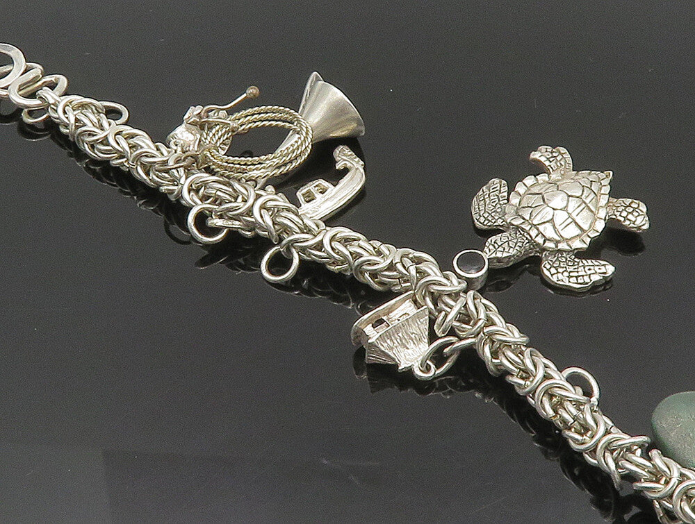LIZ RON 925 Silver  Vintage Turtle Bear Paw & Multi Charm Bracelet  BT9392