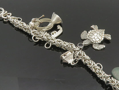 LIZ RON 925 Silver  Vintage Turtle Bear Paw & Multi Charm Bracelet  BT9392
