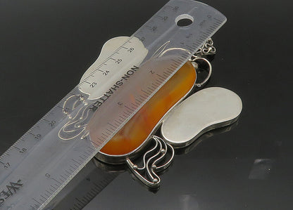 925 Sterling Silver Vintage Cabochon Amber Butterfly Heavy Large Pendant PT18351