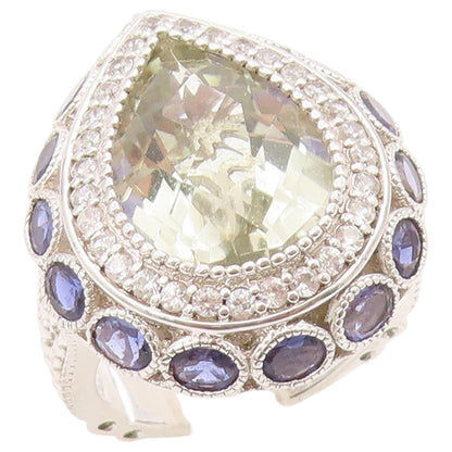 925 Sterling Silver Vintage Ring Green Amethyst Halo Tanzanite  Sz 10.5  RG36438