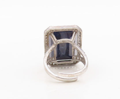 925 Sterling Silver Vintage Ring Rectangle Sapphire Halo Topaz  Sz 8  RG30489