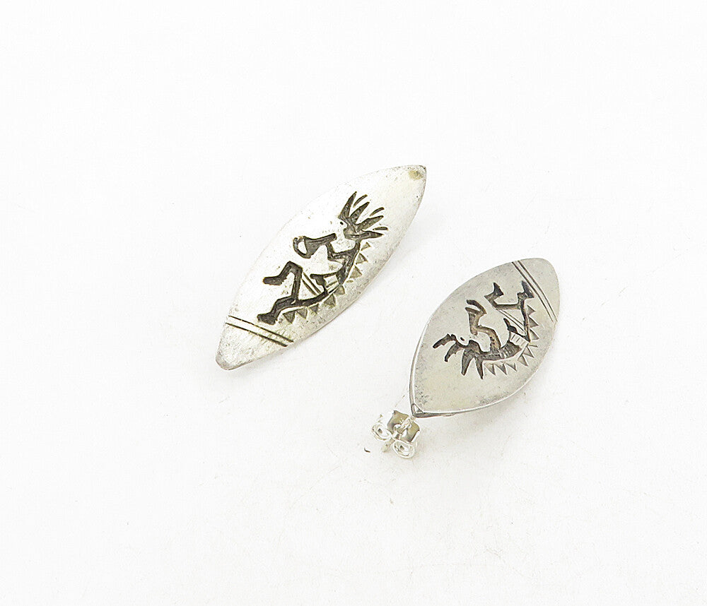 NAVAJO 925 Silver  Vintage Kokopelli Dancer Etched Oval Drop Earrings  EG4504