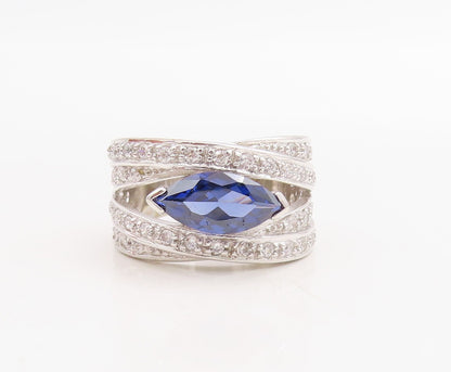 925 Sterling Silver Vintage Ring Marquise Cutout Sapphire & CZ  Sz 7  RG30992
