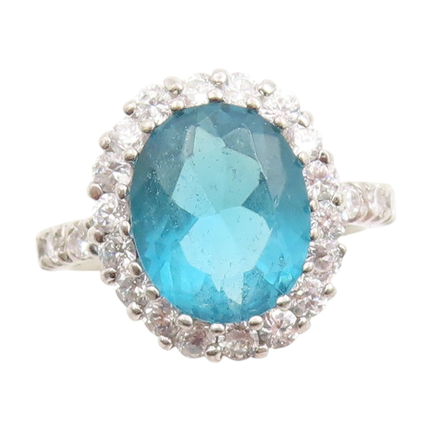 925 Sterling Silver Vintage Ring Faceted Blue Topaz Halo CZ Band  Sz 6  RG33920