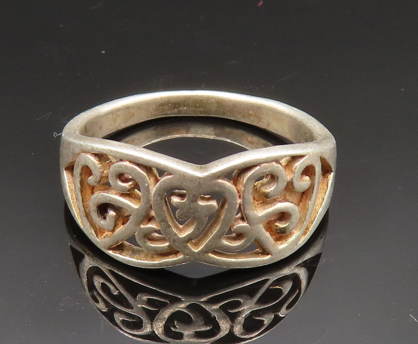 925 Sterling Silver  Vintage Open Love Heart Scroll Band Ring Sz 7.5  RG24549