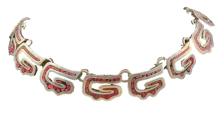 MEXICO 925 Sterling Silver Vintage Inlaid Stone Mosaic Chain Necklace  NE2604