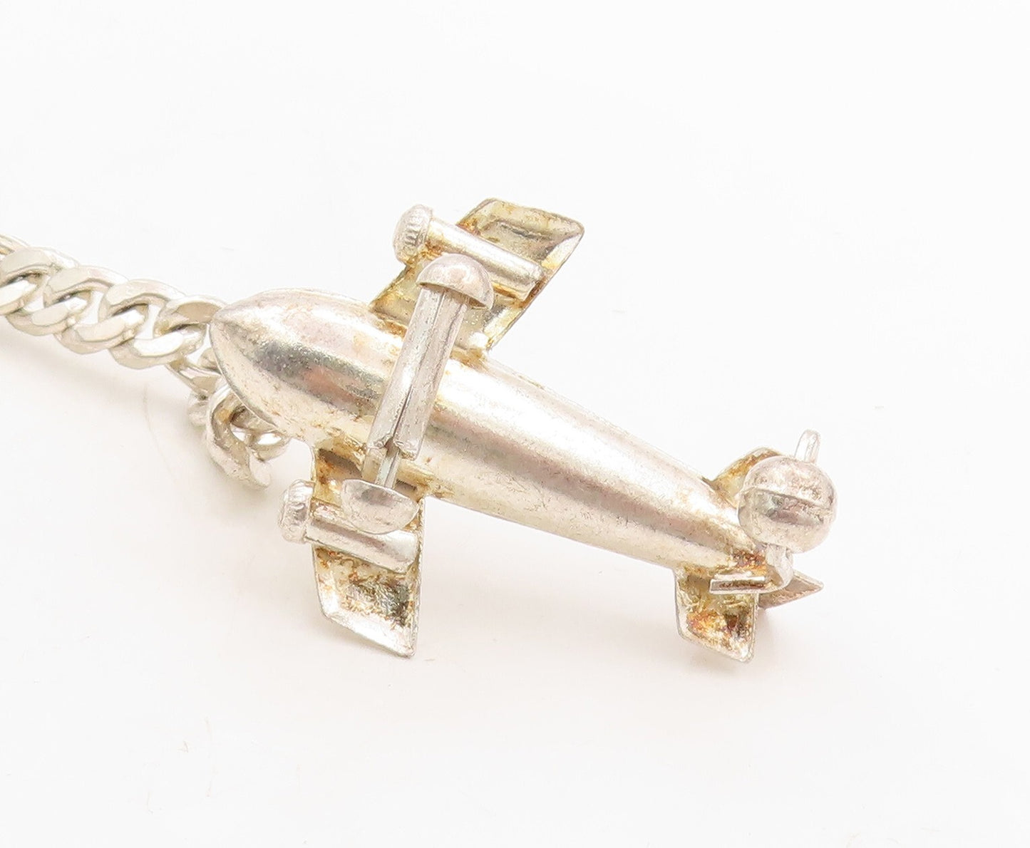 925 Sterling Silver Vintage Key Chain Solid Cutout Moving Airplane TR3837
