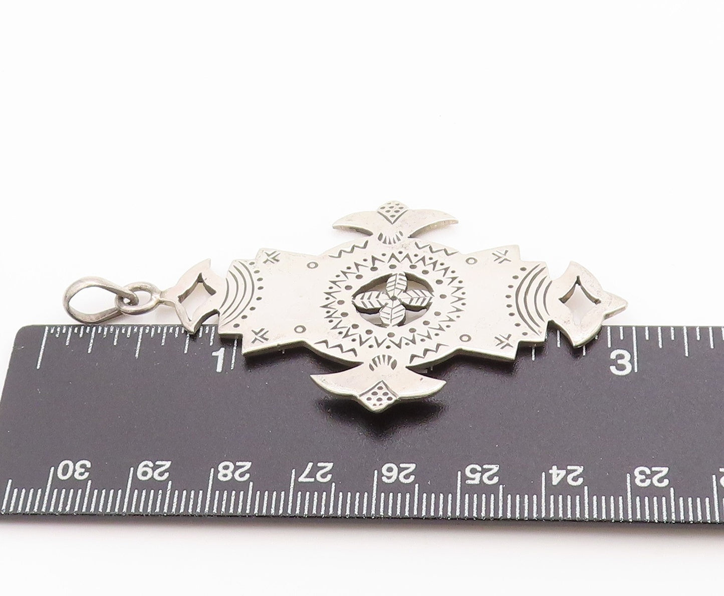 925 Sterling Silver Vintage Pendant Etched Patterns Of Tribal Symbols  PT24828