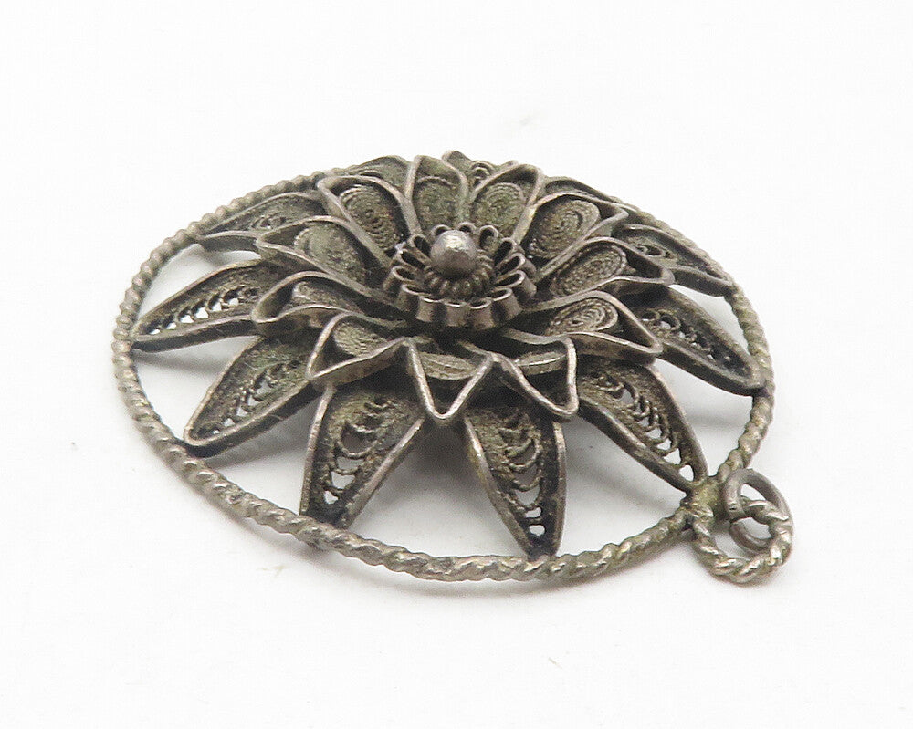 925 Sterling Silver  Vintage Antique Dark Tone Filigree Flower Pendant  PT9503
