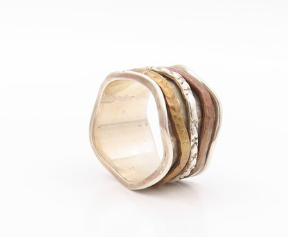 925 Sterling Silver Vintage Ring Brutalist Carved Spinning Rings SZ 8.5  RG32301