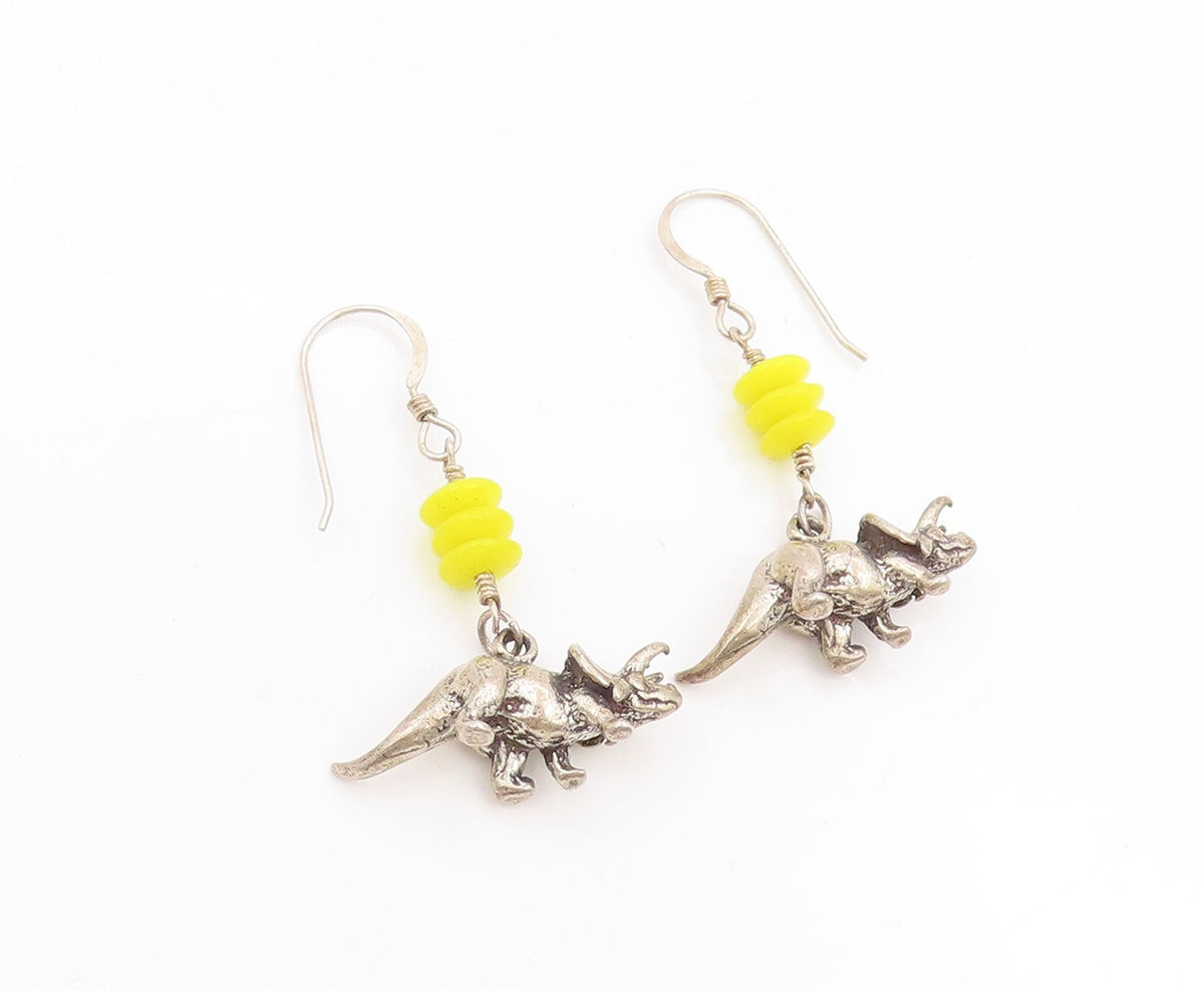 925 Sterling Silver Vintage Earrings Yellow Bead Dinosaur Charm Dangle  EG14056