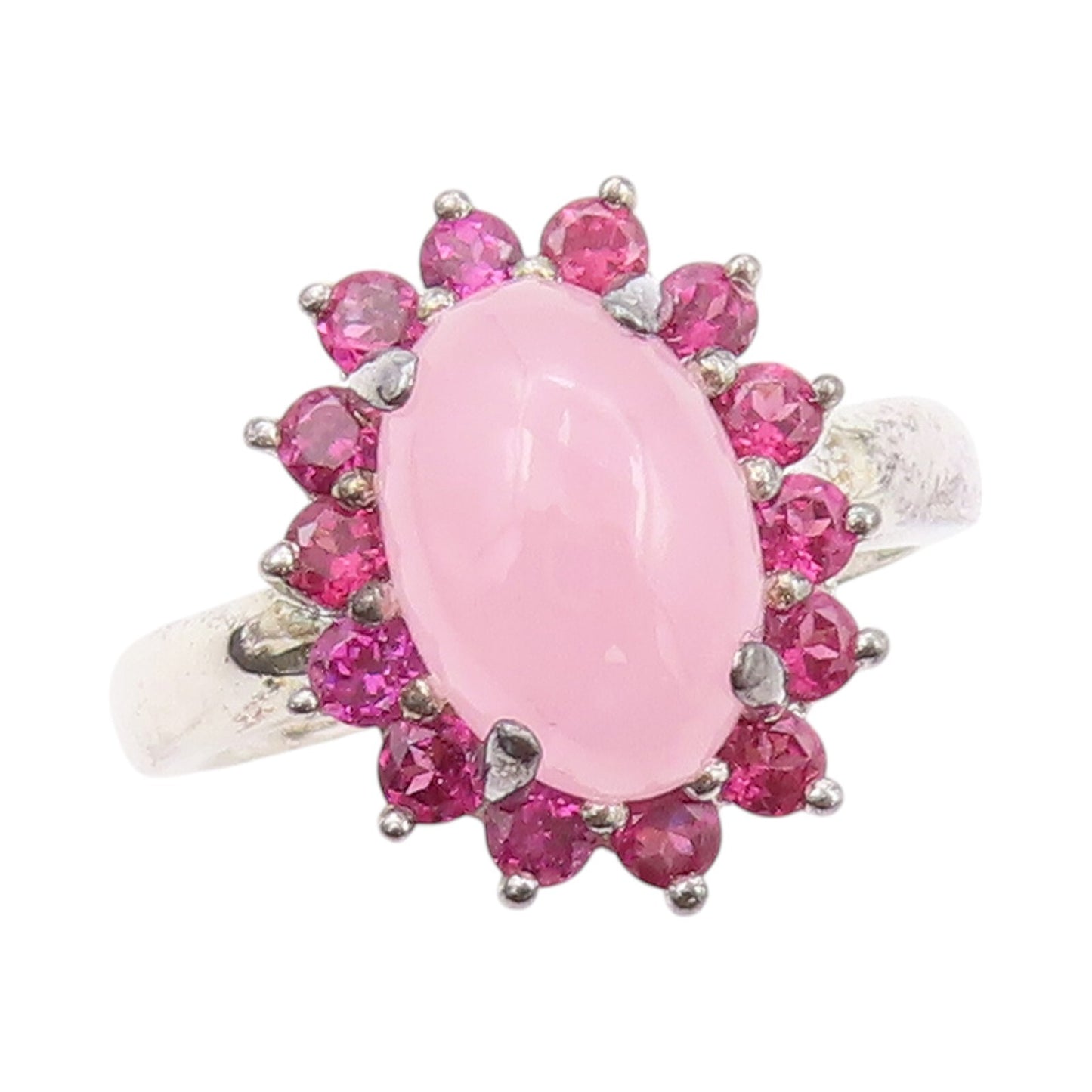 925 Sterling Silver Vintage Ring Cabochon Gemstone Halo Pink CZ  SZ 8  RG32034